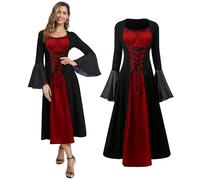 JDFAIJEAL - Costume Rinascente Donna, Abito Medievale con Maniche a Tromba, Stile Gotico Steampunk, per Halloween, Carnevale, Festa di Halloween, Cosplay da Vampiro (Nero e Rosso, S)