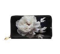 JDFHGNU Portafoglio da donna, con motivo a peonie bianche, portafoglio lungo, porta carte di credito, portamonete da viaggio, nero, taglia unica, Nero , Taglia unica