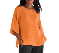 JDNH Maglietta casual da donna in cotone e lino, maniche a tre quarti, scollo rotondo, plissettato sul davanti, spacco laterale, manica a tre quarti, Domande e risposte:, L