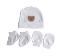 JDNH Set di cappello e guanti essenziali per bambini, con guanti e calzini che non graffiano il motivo dell'orso, per neonati da 0 a 3 mesi, bianco, Brown bear