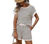 JDNH Set di due pezzi da donna, estivi, girocollo, maniche corte, con tasche, estivi, lounge, da donna, Albicocca, M