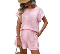 JDNH Set di due pezzi da donna, estivi, girocollo, maniche corte, con tasche, estivi, lounge, da donna, D, L