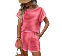 JDNH Set di due pezzi da donna, estivi, girocollo, maniche corte, con tasche, estivi, lounge, da donna, H, L