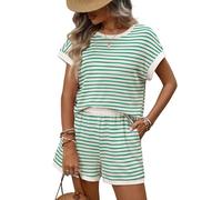 JDNH Set di due pezzi da donna, estivi, girocollo, maniche corte, con tasche, estivi, lounge, da donna, Verde, M