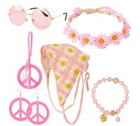 JDRGJTH Set di 6 accessori per costume hippie anni '70, accessori da donna, collana con segno di pace, orecchini, bohémien, margherita, fiore, fascia, occhiali da sole, anni '70, abiti Groovy per le