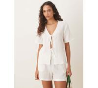 JDY - Camicia a maniche corte allacciata sul davanti in mussola bianco sporco in coordinato L