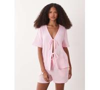 JDY - Camicia a maniche corte allacciata sul davanti in mussola rosa in coordinato L
