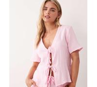 JDY - Camicia a maniche corte allacciata sul davanti in mussola rosa in coordinato XS