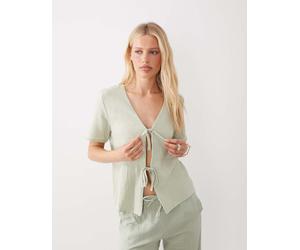 JDY - Camicia a maniche corte allacciata sul davanti in mussola salvia in coordinato-Verde 3XL
