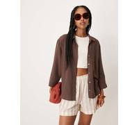 JDY - Camicia comoda in lino marrone cioccolato-Bianco XL