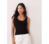 JDY - Canotta in maglia nera con bordi smerlati e cuciture bianche a contrasto-Nero XL