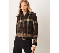 JDY - Cardigan marrone a quadri con colletto aperto e zip L