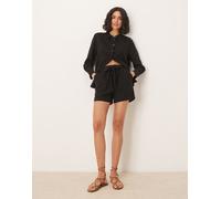 JDY - Pantaloncini in misto lino neri con laccetti in coordinato-Nero 34