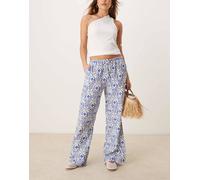 JDY - Pantaloni a fondo ampio allacciati in vita blu con stampa fantasia-Bianco L