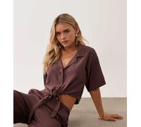 JDY Petite - Camicia in misto lino bordeaux allacciata sul davanti in coordinato-Rosso XXL