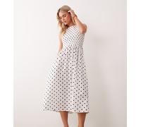 JDY Petite - Vestito grembiule midi senza maniche bianco a pois con arricciature M