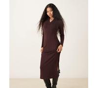 JDY Petite - Vestito polo lungo in maglia marrone cioccolato XS