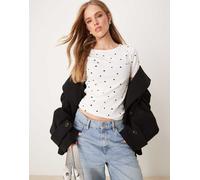 JDY - T-shirt bianca a coste con stampa di cuori-Bianco M