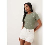 JDY - T-shirt kaki a coste con stampa di cuori-Verde XL