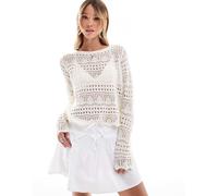 JDY - Top a maniche lunghe in pizzo color crema con scollo a barchetta-Bianco XL