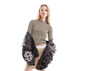 JDY - Top accollato marrone a righe con bordi smerlati XS