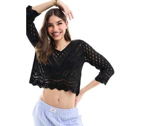 JDY - Top traforato nero con bordi smerlati XS