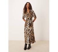 JDY - Vestito camicia lungo allacciato in vita a maniche corte con stampa leopardata-Marrone XS