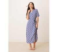 JDY - Vestito camicia midi allacciato in vita blu con stampa L