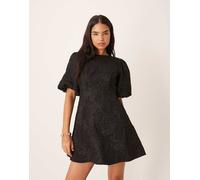 JDY - Vestito corto con maniche a palloncino e fiocchi sul retro in jacquard nero L