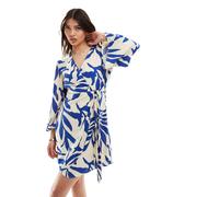 JDY - Vestito kimono avvolgente beige con stampa di palme blu-Multicolore M