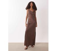 JDY - Vestito lungo in raso marrone con scollo ad anello XS