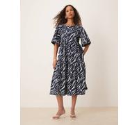 JDY - Vestito midi a balze a maniche corte blu navy con stampa zebrata XS