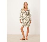 JDY - Vestito stile kimono a portafoglio beige con stampa di palme verdi-Verde XL