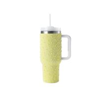 JDZYFFS 40oz Tazze Colazione - Bicchiere Termico Con Perle E Strass, 100% A Prova Di Perdite, In Acciaio Inossidabile, Con Manico, Coperchio E Cannuccia, Base Compatibile Con Portabicchieri.(Yellow)