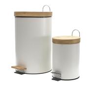 JE CHERCHE UNE IDEE Set 2 Pattumiere a Pedale 3 L Metallo e Bambù Bianco | Metallo e bambù, set 2 pattumiere a pedale, raccolta differenziata facile, bagno o cucina, bianco
