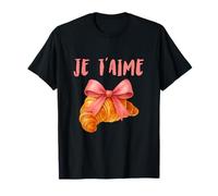 Je T'Aime Un Croissant con Fiocco Rosa Carino Grafica Acquerello Maglietta