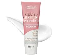 Jean & Len Body Milk shea & supreme hydration, per pelle secca, idrata la pelle per 48 ore, con Vitamin E, texture cremosa, profuma di cocco, senza parabeni e siliconi, vegana, 250 ml