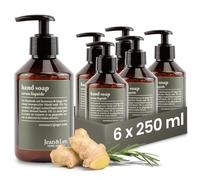 Jean & Len sapone per le mani Rosmarino e Zenzero, deterge le mani stressate, uso quotidiano, sapone liquido con pompa ricaricabile, senza parabeni, siliconi né microplastiche, 6 x 250 ml