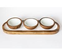 Jeanne Fitz Set di 4 ciotole per salumi, 3 piccole ciotole in legno di acacia con vassoio espositivo, accessori decorativi da cucina in legno, piatto per caramelle, piatti da portata per salse, snack