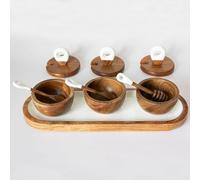 Jeanne Fitz Set di 7 ciotole per salumi, 3 piccole ciotole in legno di acacia con coperchio, 1 vassoio e 3 taglieri per salumi. Accessori: cucchiaio, spalmatore, mestolo per miele, piatti da portata