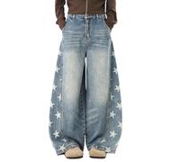 Jeans a Forma di barile con Stampa a Stella, Moda Invernale da Donna, Caldi, Larghi, retrò, con Orlo sfilacciato, Carini, a Gamba Larga, Ricamati, Patchwork (Blu4,XXL)