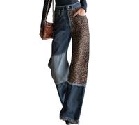 Jeans a Gamba Dritta a Vita Alta per Donna Pantaloni in Denim Slim scimitarra Elasticizzati Patchwork Vintage con Stampa Leopardata alla Moda,Blu,XXL