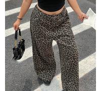 Jeans a gamba dritta con stampa leopardata per donna taglie forti, stile casual da strada, adatti per tutte le stagioni e la scuola 0XL,1XL,2XL,3XLMotivo strutturatoDenim