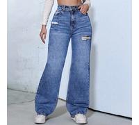 Jeans a gamba dritta taglie forti, con dettagli consumati, lunghezza lunga, tessuto non elasticizzato, per donne casual in primavera 0XL,1XL,2XL,3XL,4XLColore unicoDenim