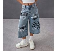 Jeans a gamba larga blu con motivi floreali e sorrisi, stile casual Y2K per ragazze pre-adolescenti, adatti per uso quotidiano, estate, primavera, festival rave e spiaggia 8Y,9Y,10Y,11Y,12YGeometrico,