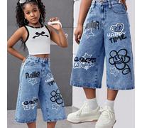 Jeans a gamba larga blu con motivi floreali e sorrisi, stile casual Y2K per ragazze pre-adolescenti, abbigliamento morbido per uso quotidiano, outfit estivi e primaverili per ragazze pre-adolescenti,
