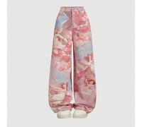 Jeans a gamba larga casual e morbidi da donna con stampa romantica di angeli dipinti ad olio rosa MOD 25,26,27,28,29,30Denim