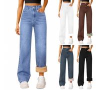 Jeans a gamba larga da donna UK foderato in pile cotone jeans larghi da donna invernali caldi pantaloni da donna a vita alta pantaloni in denim casual per tutti i giorni pantaloni da salotto con