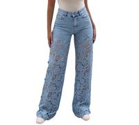 Jeans a gamba larga da donna vintage a vita alta in pizzo ricamato scava fuori patchwork strappato jeans palazzo leggeri vestibilità ampia gamba dritta pantaloni in denim con tasche, Za-azzurro, XXL