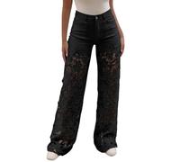 Jeans a gamba larga da donna vintage a vita alta in pizzo ricamato scava fuori patchwork strappato jeans palazzo leggeri vestibilità ampia gamba dritta pantaloni in denim con tasche, Za-nero, M